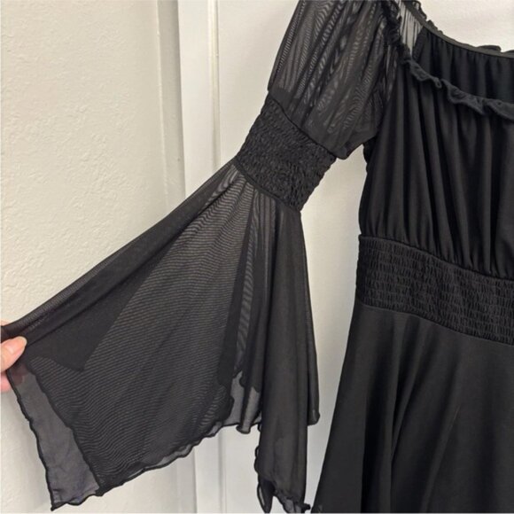 Current Mood Smocked Mesh Mini Dress Black Size Medium Grunge Goth Fairy Witchy - Picture 4 of 8